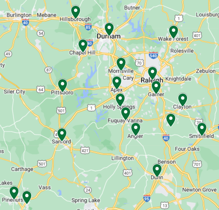 Map showing multiple service locations in the Raleigh-Durham area, including cities like Chapel Hill, Pittsboro, Apex, Garner, and Sanford, highlighted with green markers.