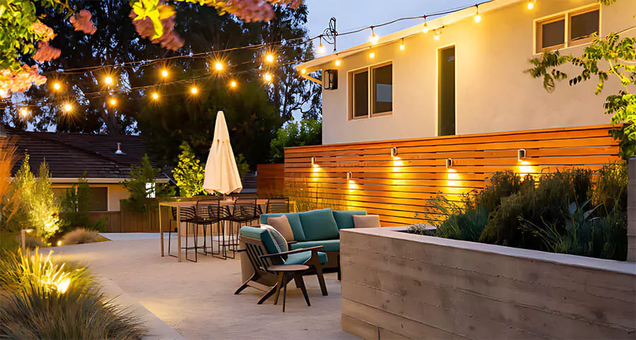 Backyard patio with string lights, modern outdoor seating, and wooden privacy fence, creating a cozy and inviting atmosphere at dusk.